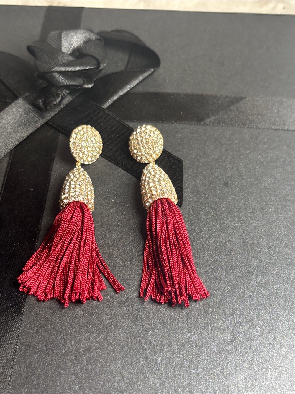 Gold Crystal and Burgundy Tassel Drop Earrings - Women Jewelry
